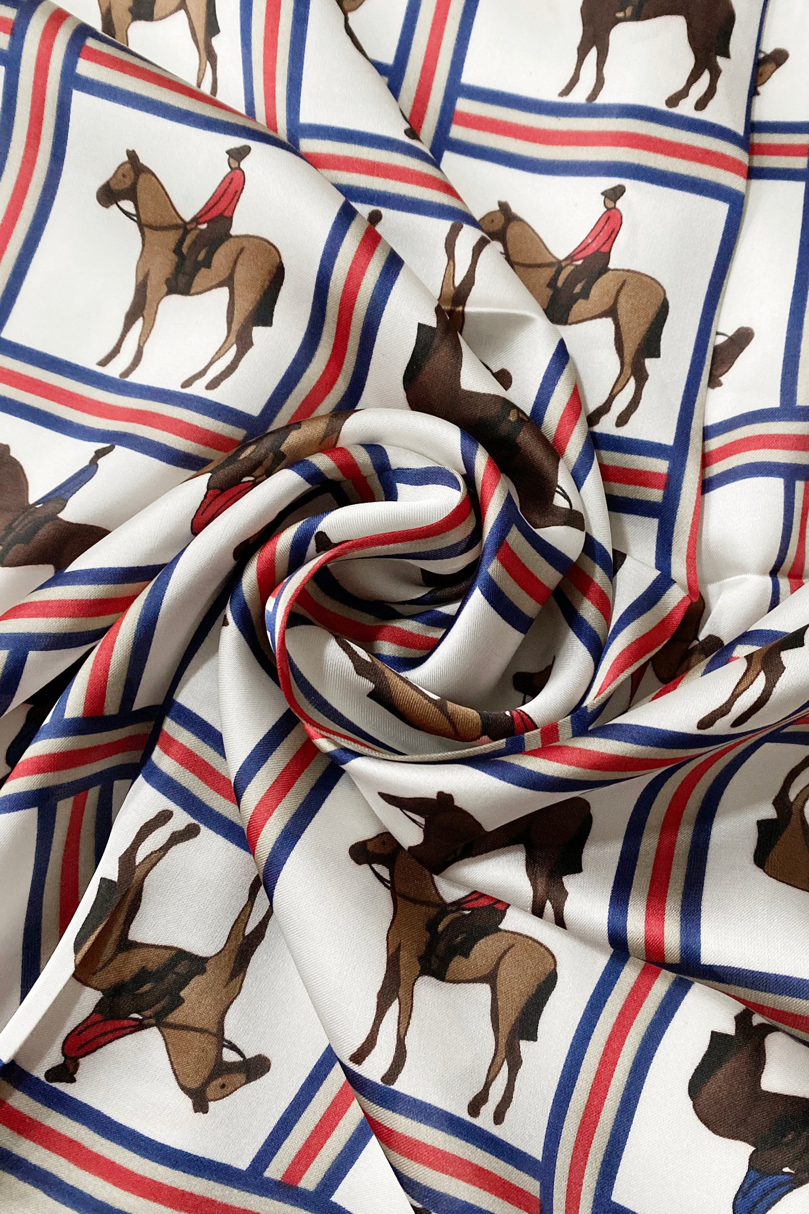 Horse Riding Print Square Scarf - Beige - Oxford Blue