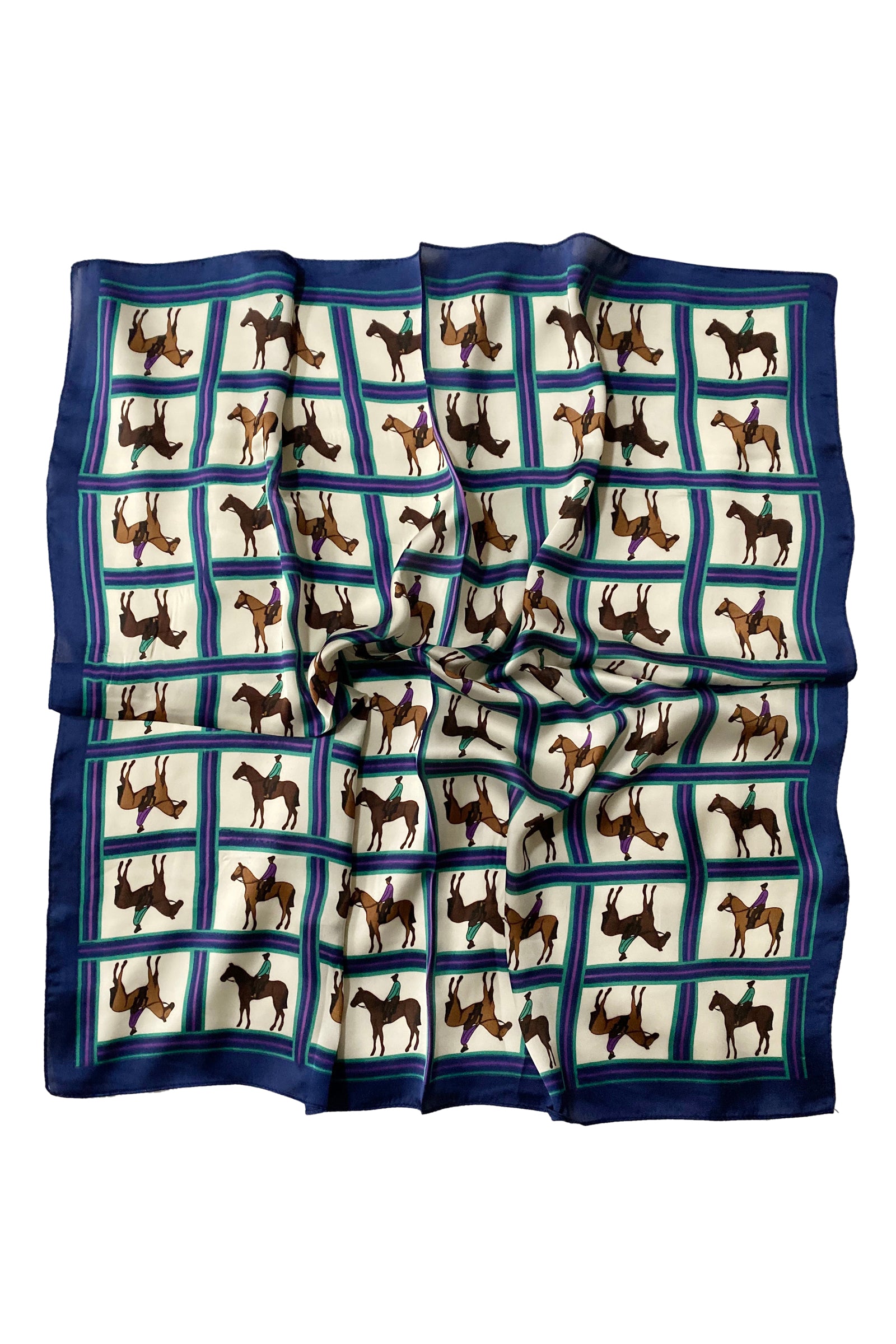 Horse Riding Print Square Scarf - Navy Blue - Oxford Blue