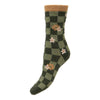 Green check wool blend socks with flowers - Oxford Blue