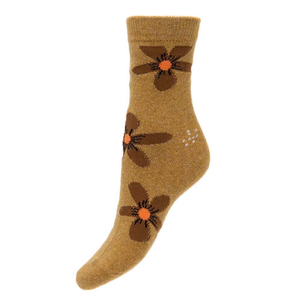 Mustard wool blend socks with brown flowers - Oxford Blue