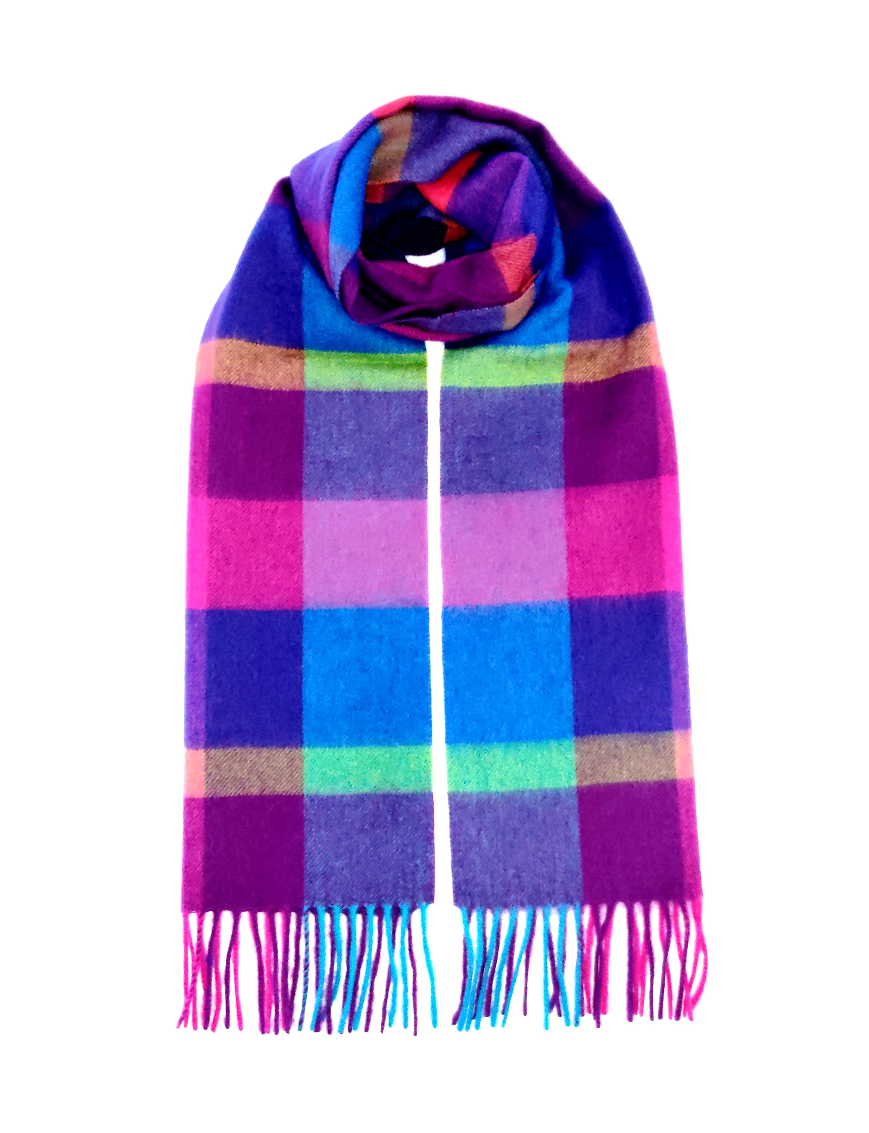 Multi Colour Lambswool Check Scarf - Oxford Blue