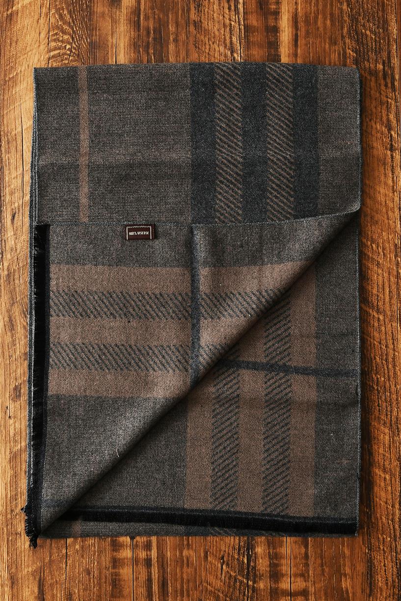 Reversible Stripe / Check Print Frayed Scarf - Khaki Brown - Oxford Blue