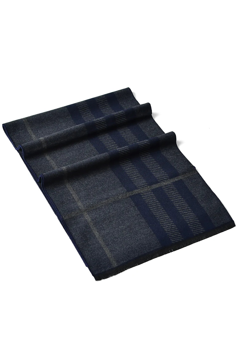 Reversible Stripe / Check Print Frayed Scarf - Navy - Oxford Blue