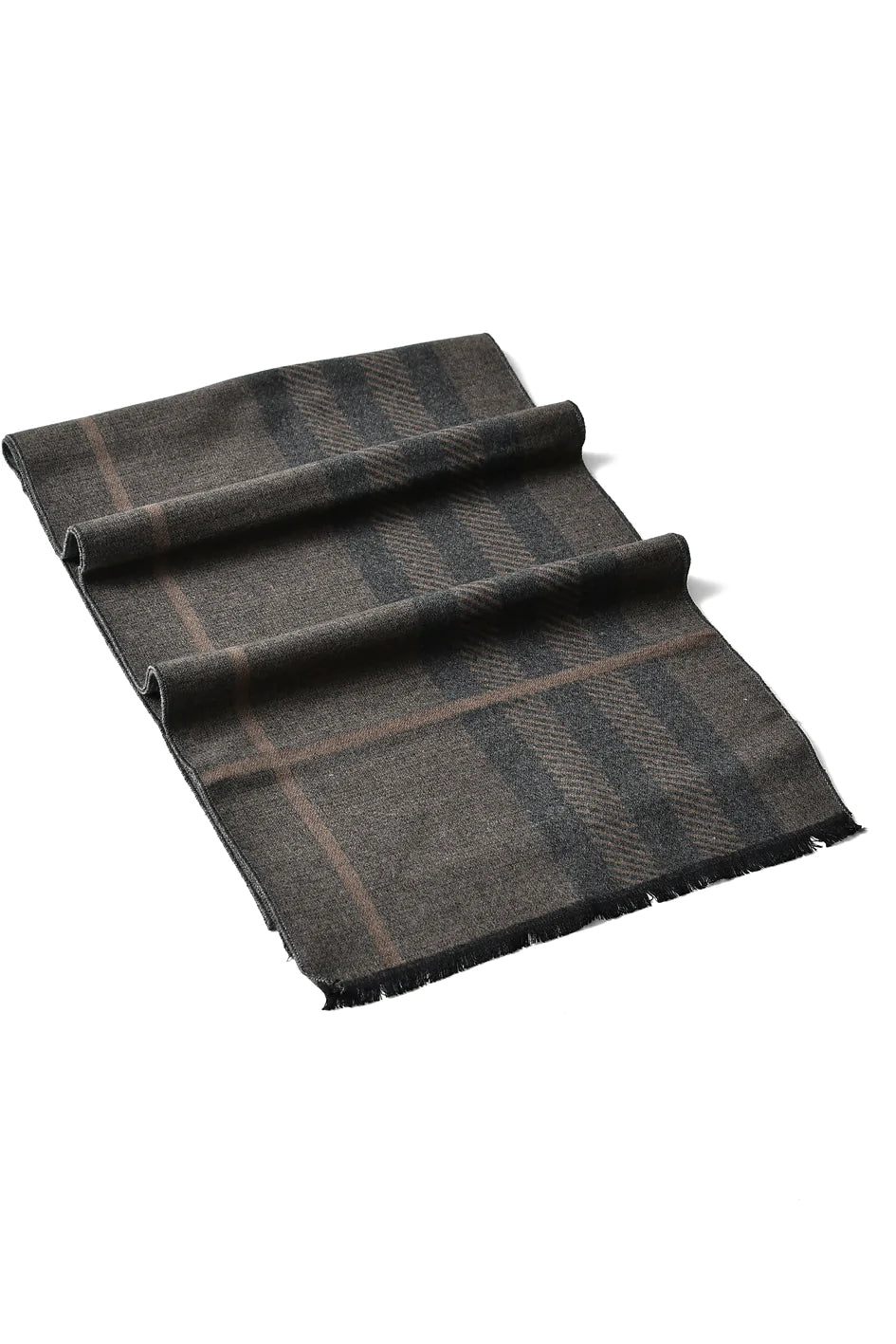 Reversible Stripe / Check Print Frayed Scarf - Khaki Brown - Oxford Blue