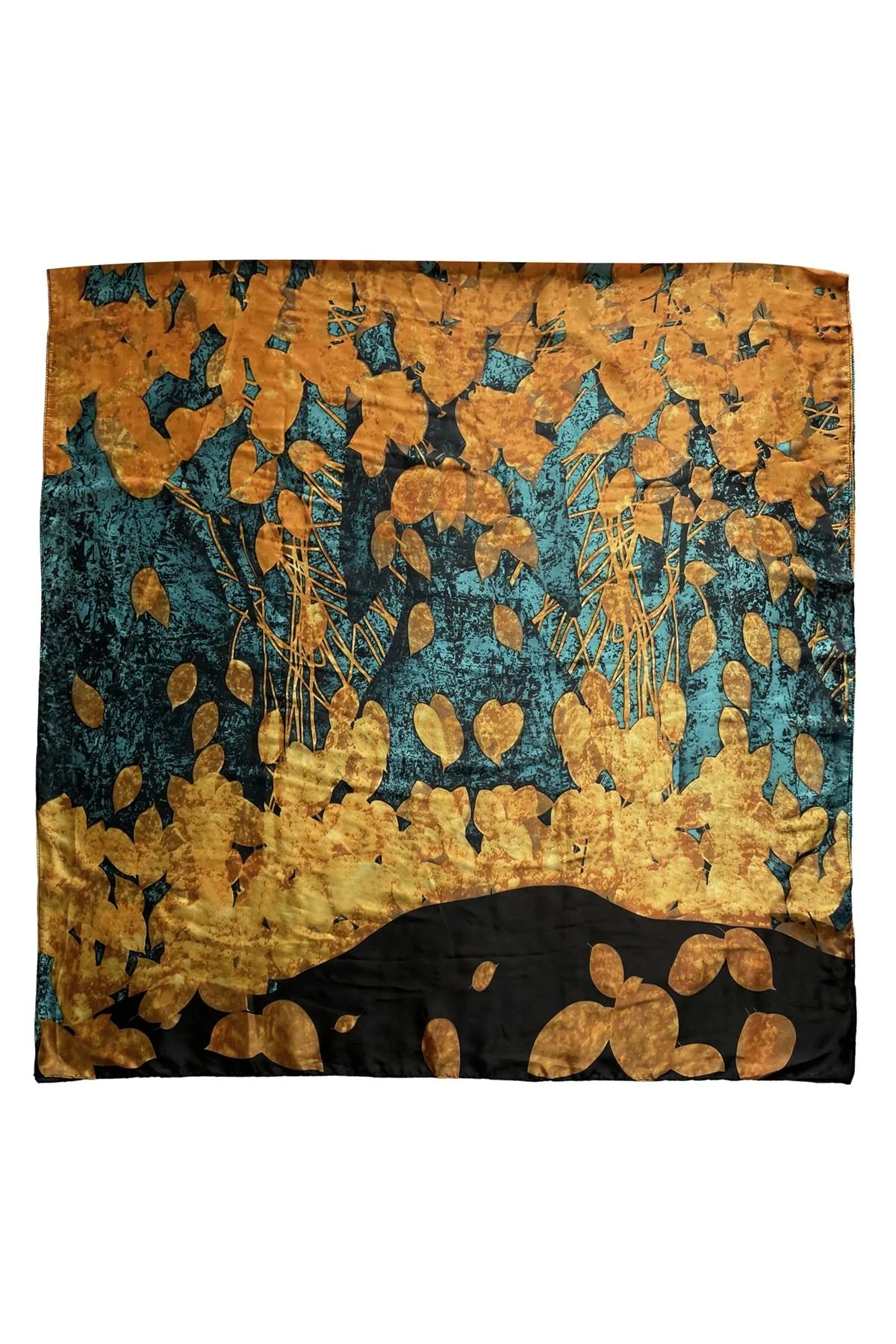 Falling Leaves Print Silk Scarf - MUSTARD - Oxford Blue