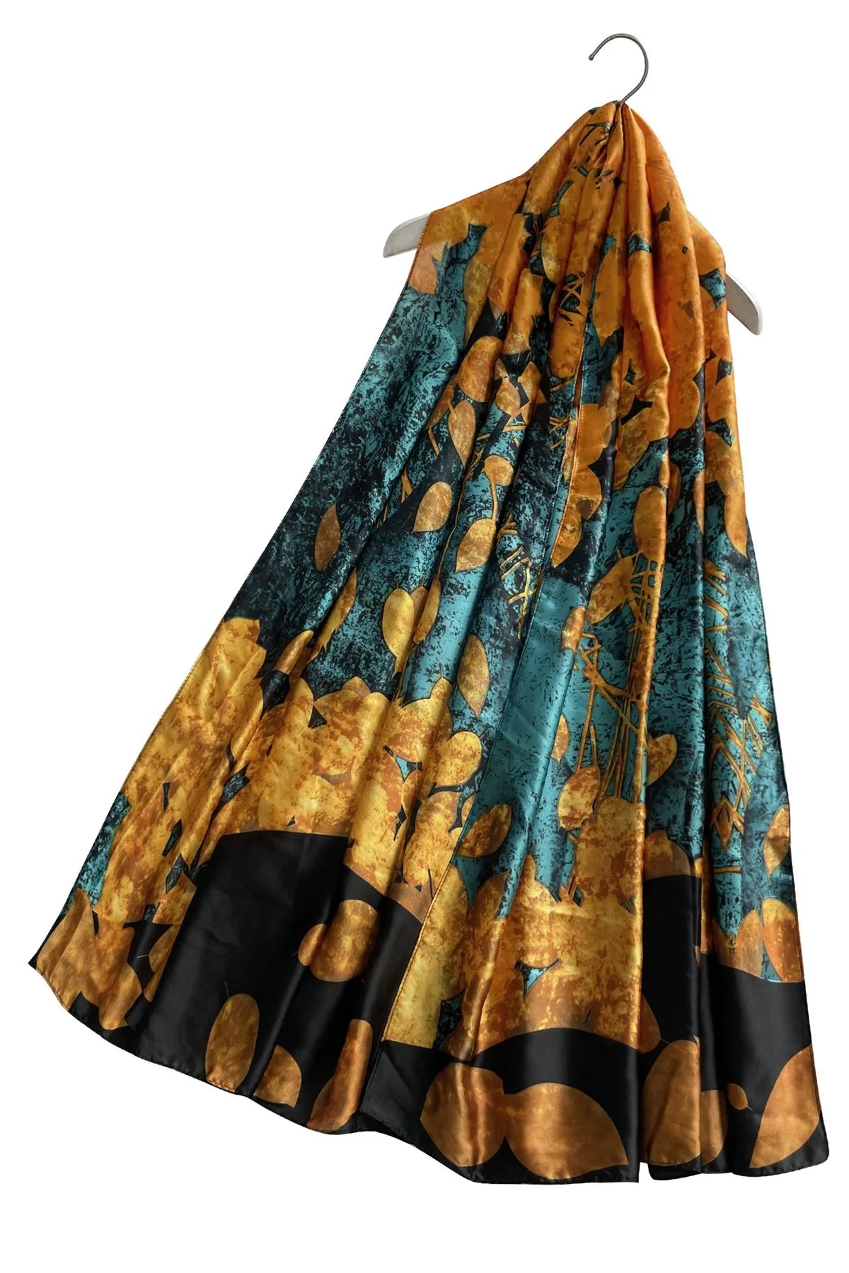 Falling Leaves Print Silk Scarf - MUSTARD - Oxford Blue