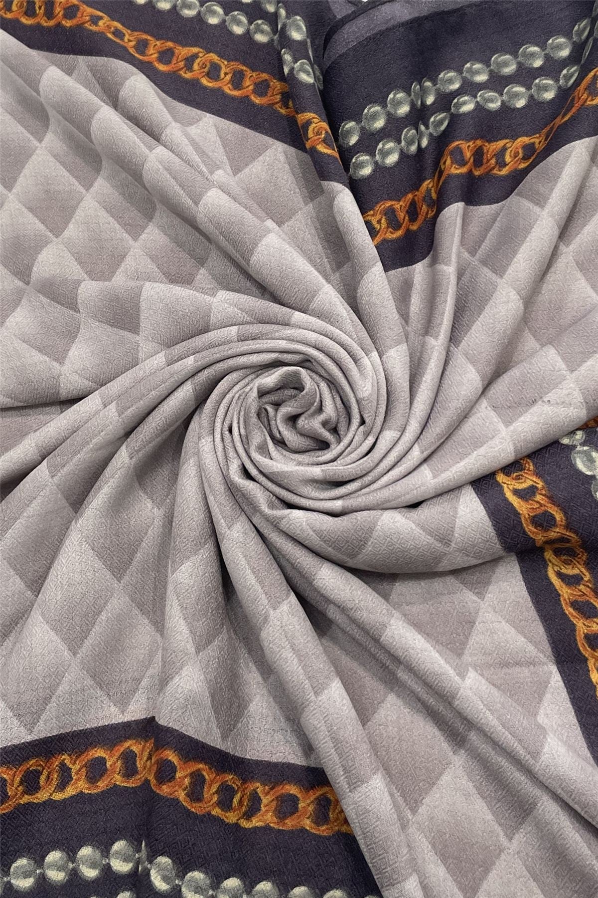 Geo Print Embossed Frayed Scarf With Chain Border - Purple - Oxford Blue