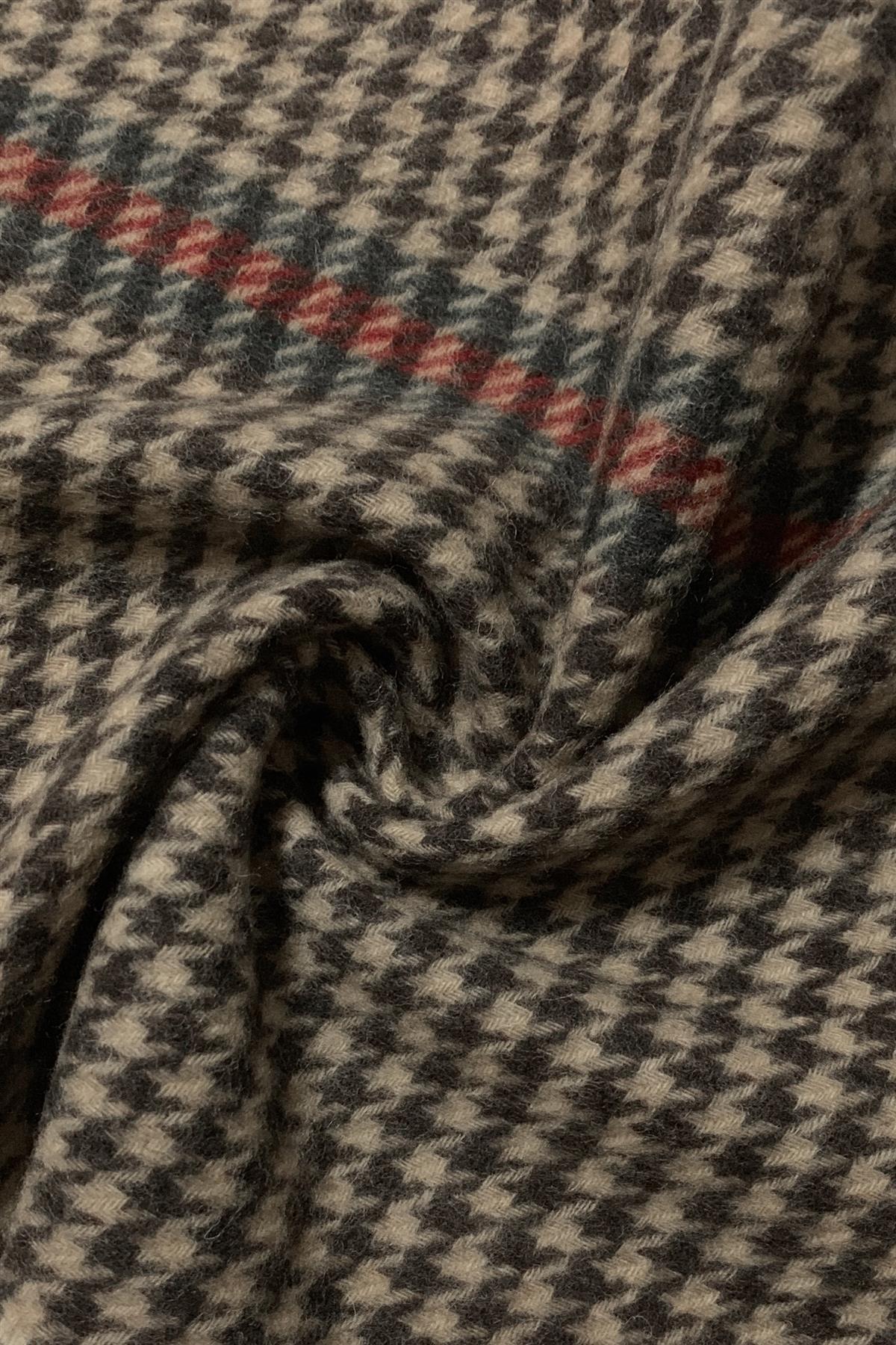 Houndstooth with stripe Wool Scarf - Brown - Oxford Blue
