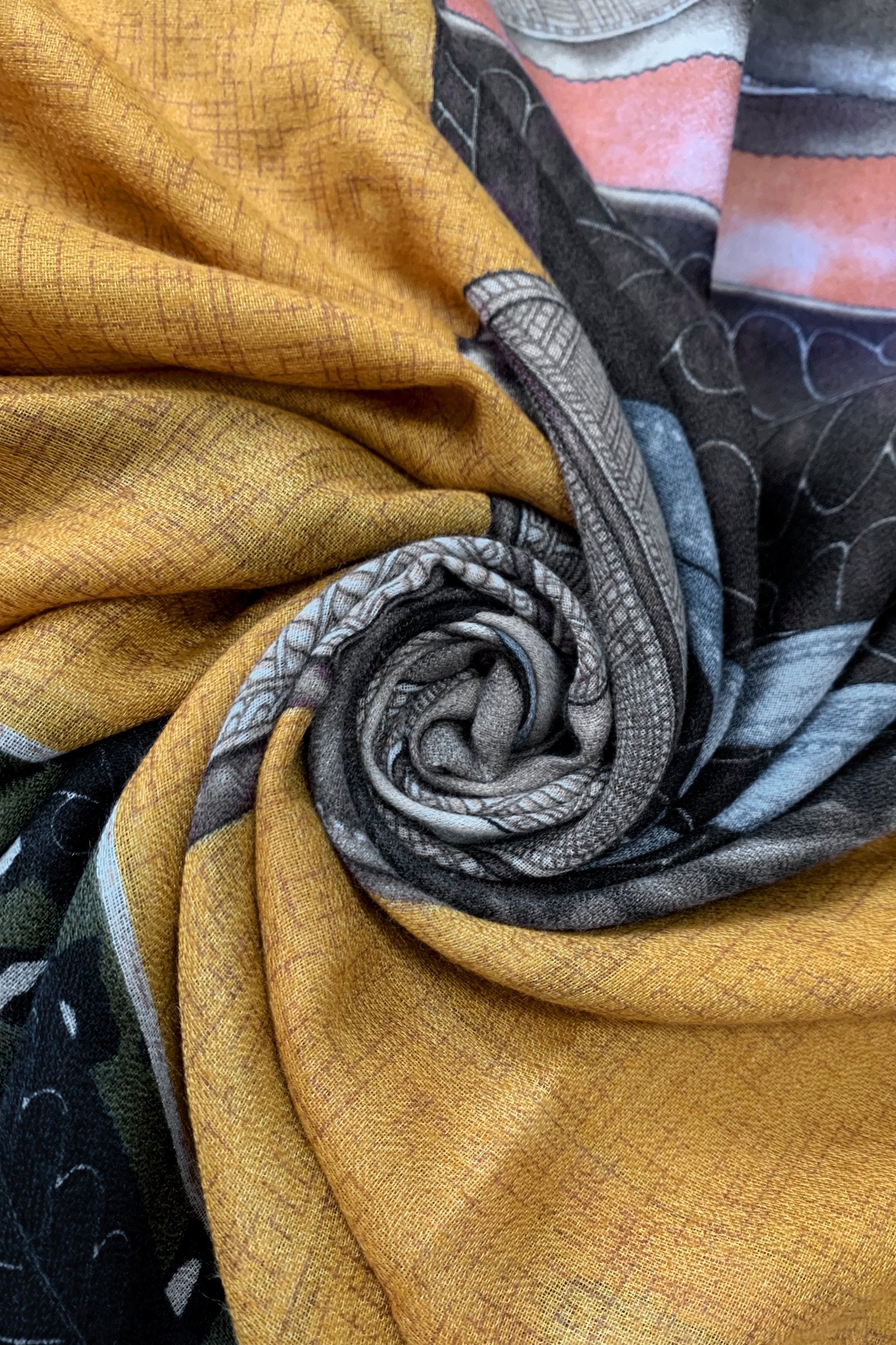 Horse Saddle Print Scarf with Leopard Border -Mustard - Oxford Blue