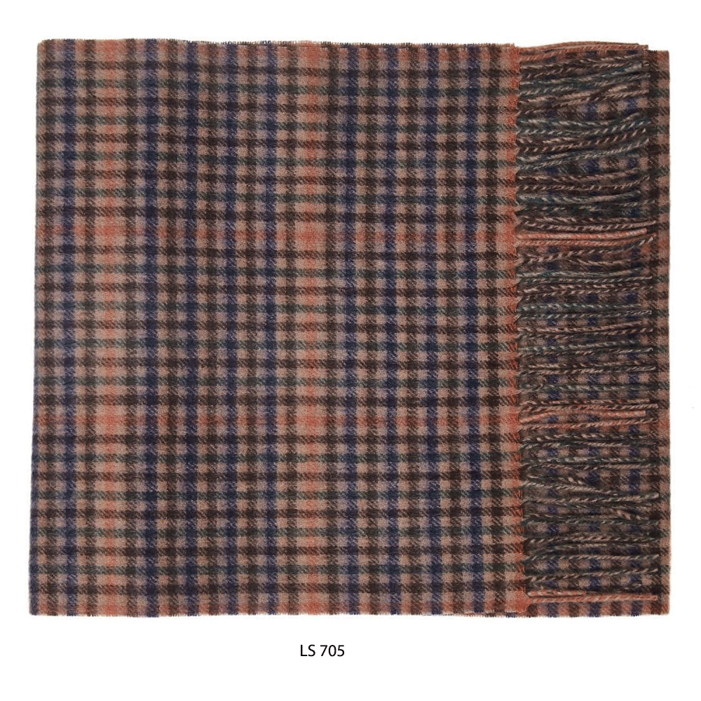 Camel/Brown Check Lambswool Check Scarf - Oxford Blue